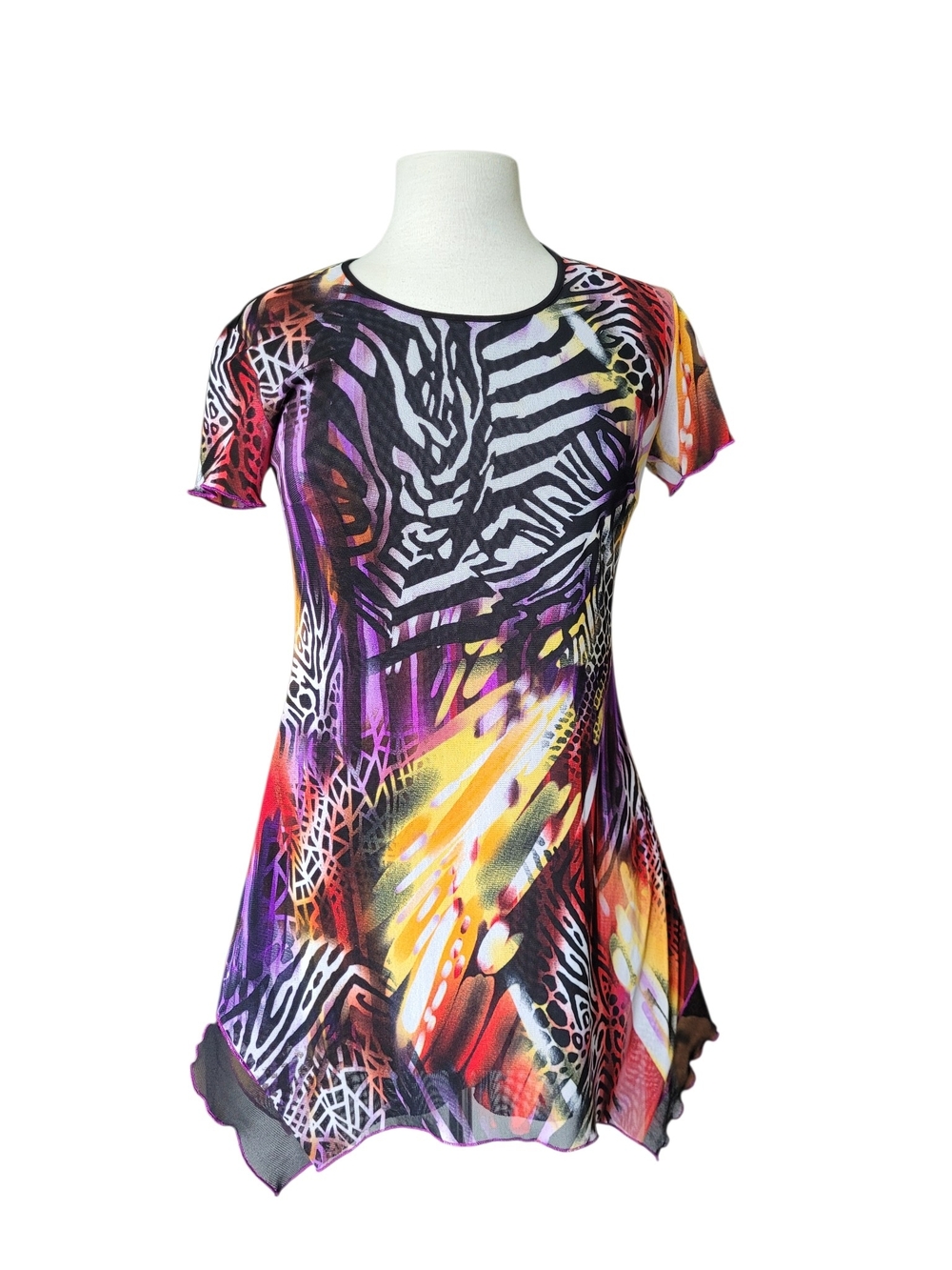 Vintage Bali Art To Wear Abstract And Zebra Print Hankie Hem Tunic Top M